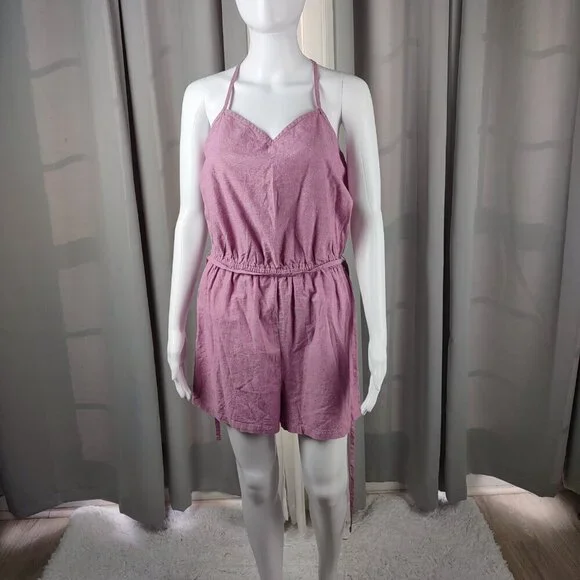 Mossimo Pink Crochet Back Romper 100% Cotton Knit Tie Waist Casual Size M - Picture 2 of 12